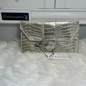 New Women’s JJ Winters Nikki Gold Metallic Mock Crocodile Clutch